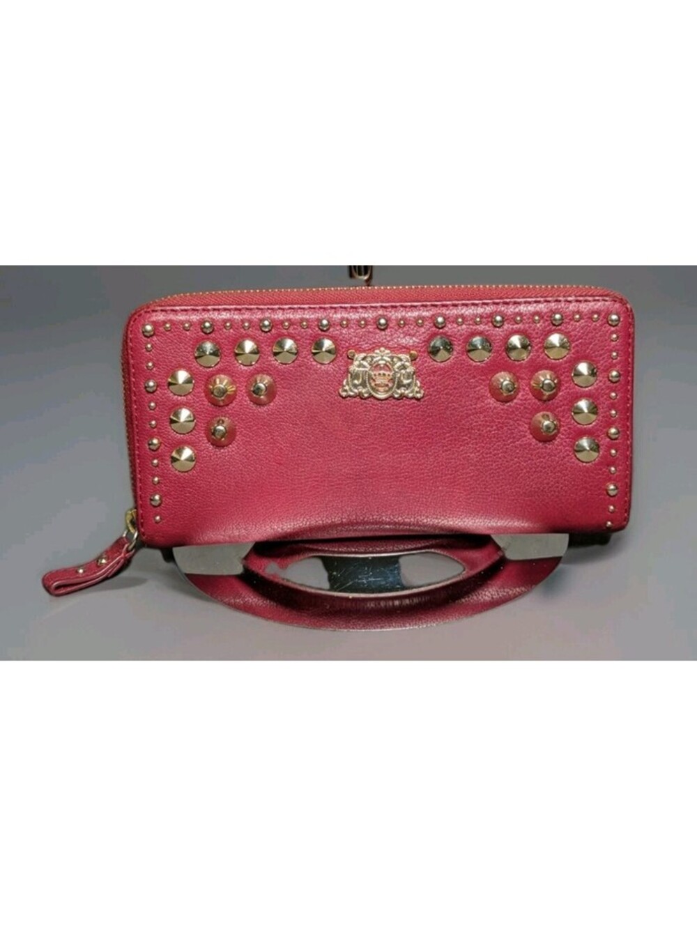 Juicy Couture Wine Leather Zip Around Wallet Gold Tone Studs Organizer Clutch